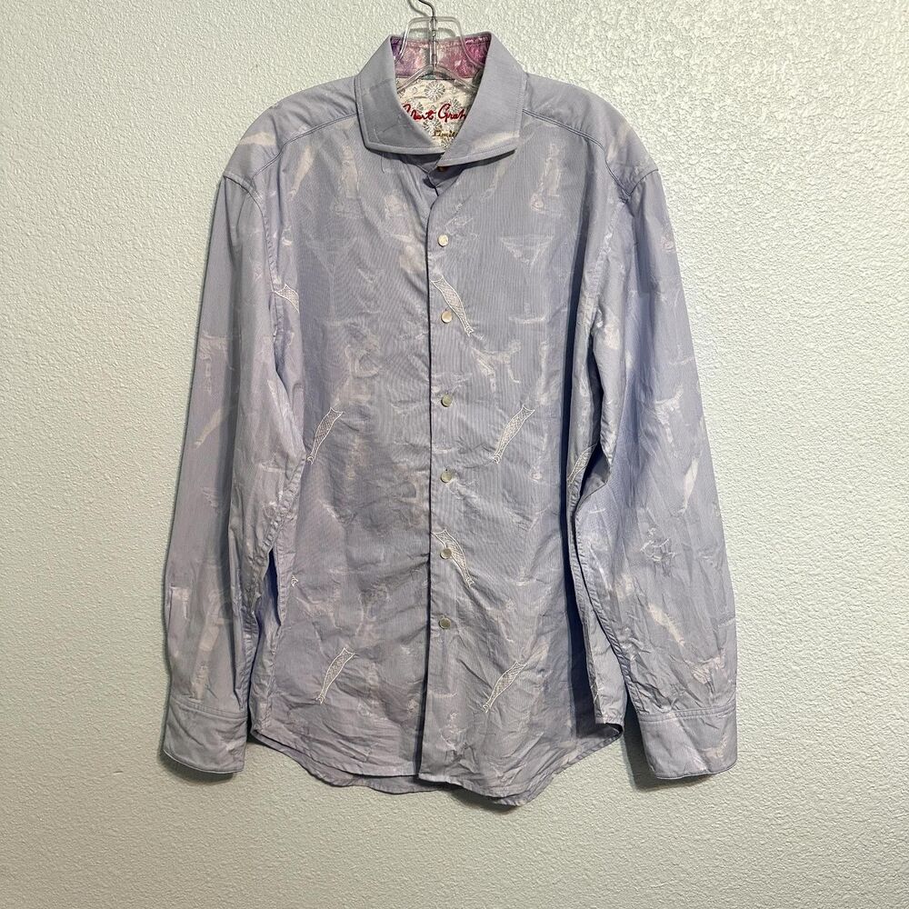 Robert Graham Button-Up Shirt Men Large Light Blue Long Sleeve Collared Graphic